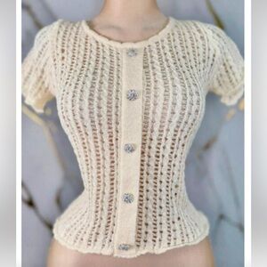 Cream Open-Knit Short Sleeve Button-Front Tunic Top